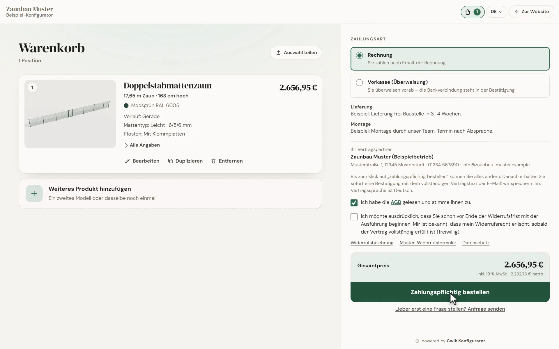 Warenkorb im Zaun-Konfigurator mit Positionen, Gesamtpreis und Knopf „Zahlungspflichtig bestellen“