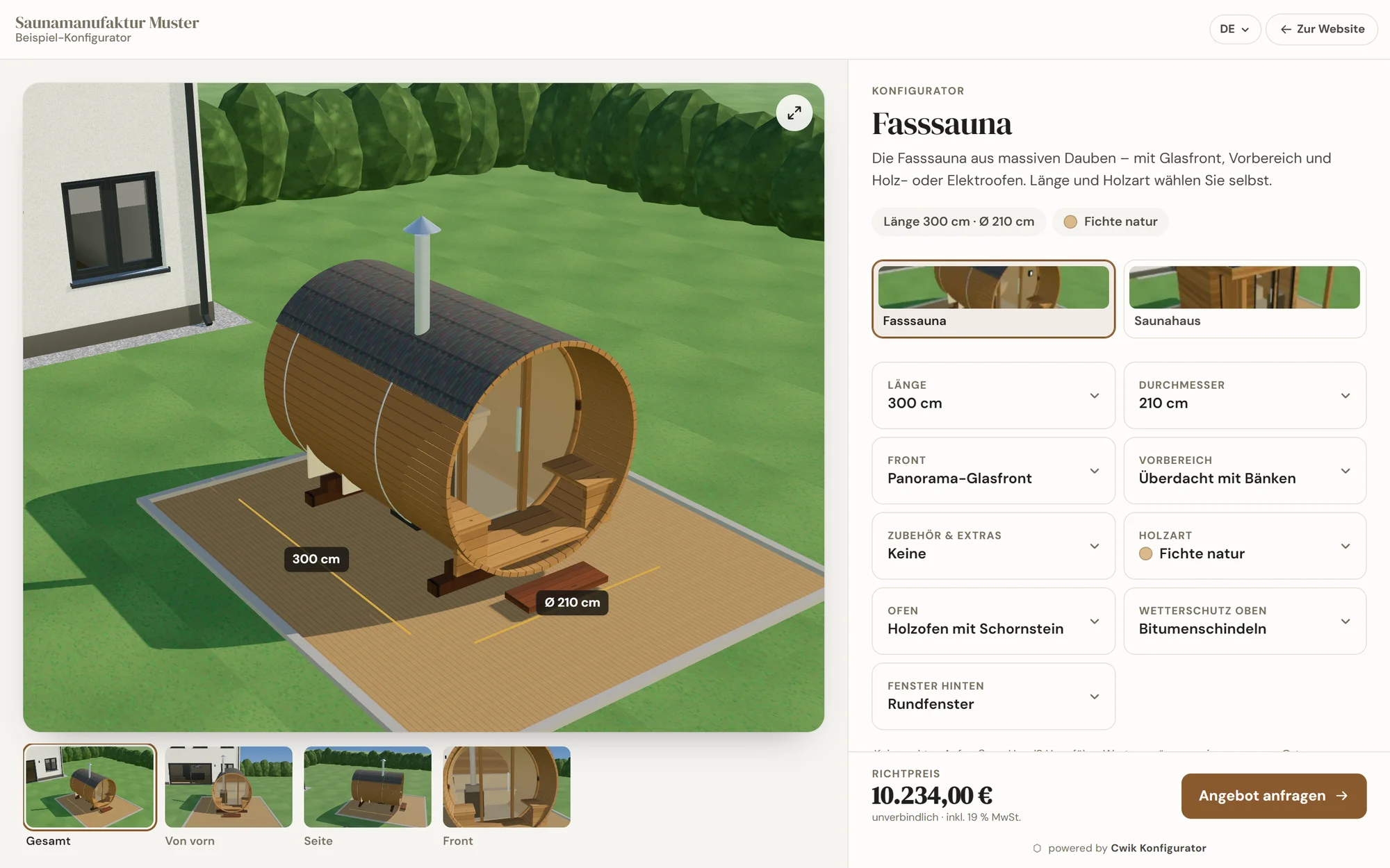 Gartensauna: Konfigurator in der klassischen Darstellung